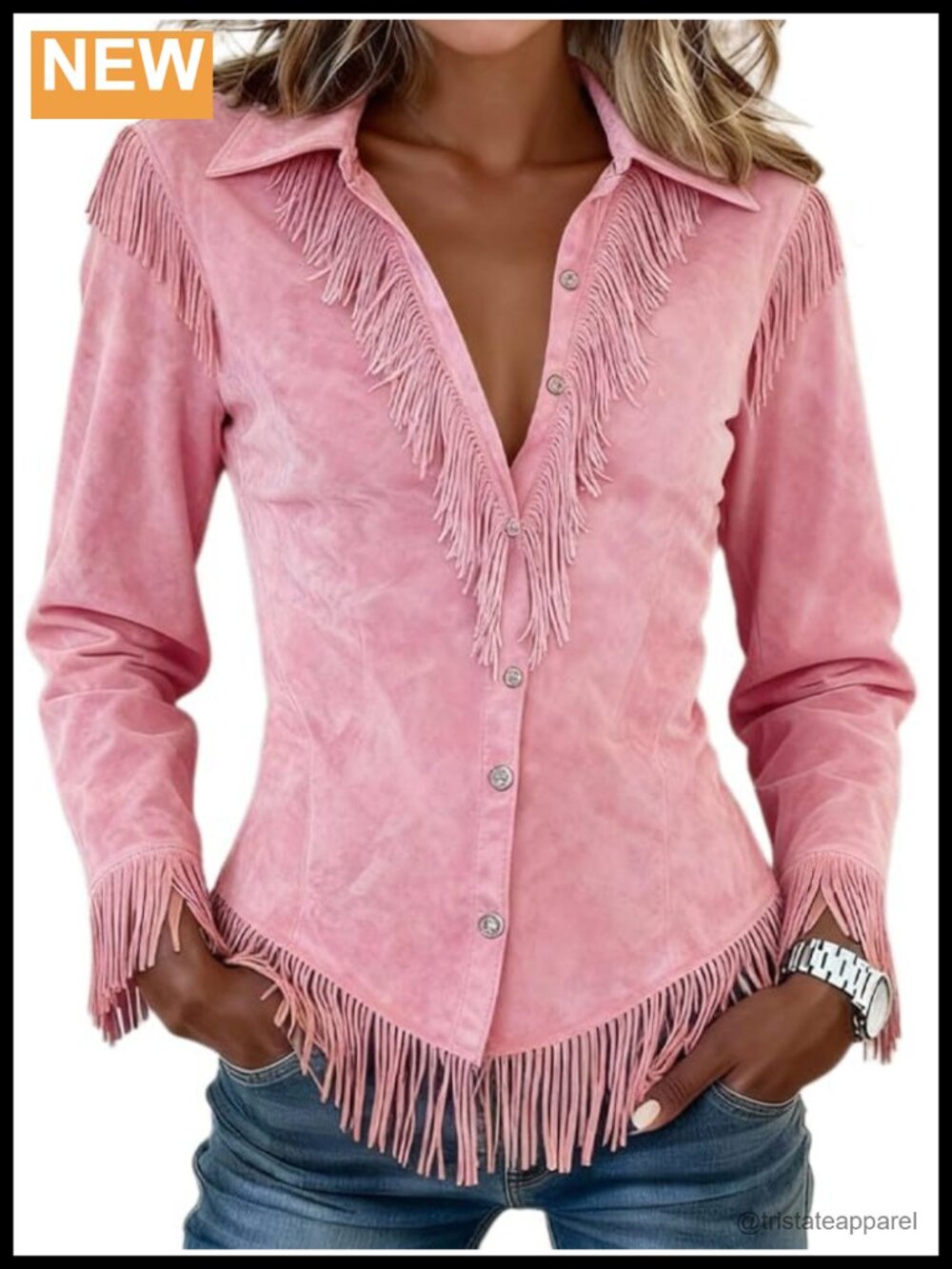 Faux Suede Western Fringe Button Down Shirt Slim Fit Blouse